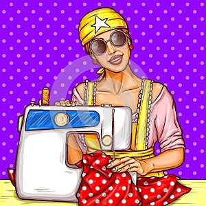 Vector pop art girl with sewing machine