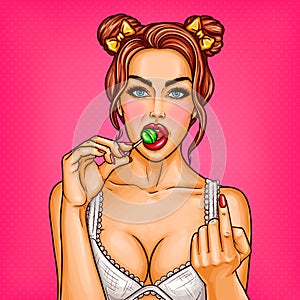 Vector pop art girl sucks lollipop and beckons