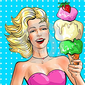 Vector pop art illustration of beautiful girl with ice cream