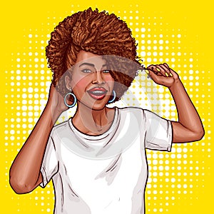 Vector pop art illustration of a black woman touches her hair.