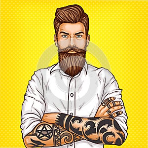 Vector pop art illustration of a brutal bearded man, macho with tatoo