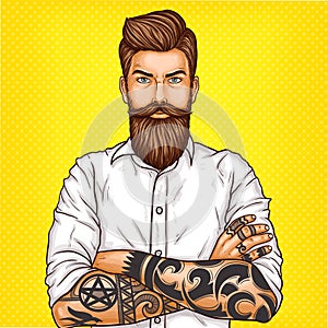 Vector pop art illustration of a brutal bearded man, macho with tatoo photo