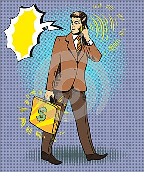 Vector pop art illustration of businessman talking on the phone