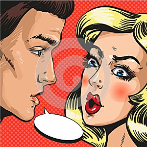 Vector pop art illustration of couple talking to each other