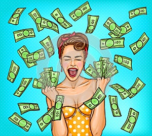 Vector pop art illustration of an enthusiastic young girl standing in the rain out of cash bills