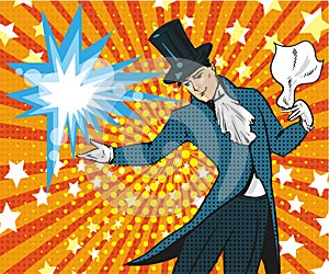 Vector pop art illustration of magician performing trick