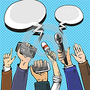 Vector pop art illustration of reporters hands with microphones