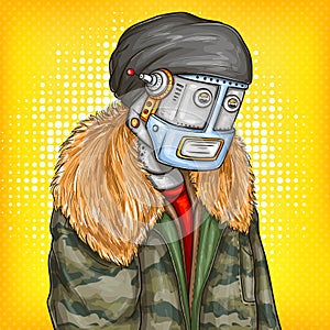 Vector pop art illustration of robot, android in fashion jacket. Artificial intelligence, steampunk, cyborg concept