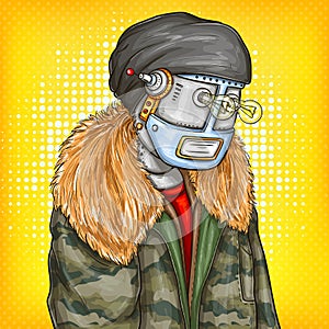 Vector pop art illustration of robot, android in fashion jacket. Artificial intelligence, steampunk, cyborg concept