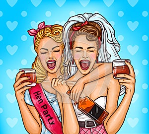 Vector pop art illustration of two enthusiastic women celebrating a hen-party