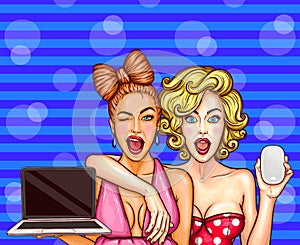 Vector pop art illustration of two young glamorous enthusiastic girls hold in their hands open laptop and computer mouse