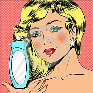 Vector pop art illustration of woman holding perfume bottle