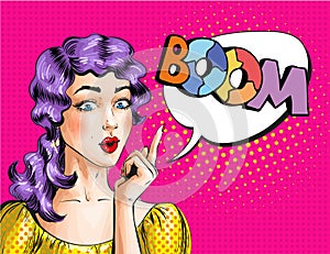 Vector pop art illustration of woman showing BOOM sign