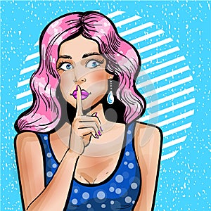 Vector pop art illustration of woman showing silence gesture