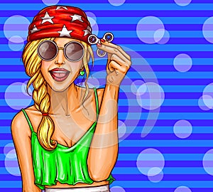 Vector pop art illustration of a young girl, teenager playing with a fidget spinner.
