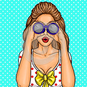 Vector pop art illustration of a young girl watching with binoculars for discounts.