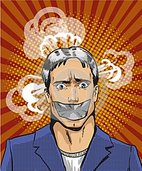 Vector pop art illustration of young man with taped mouth