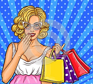 Vector pop art illustration of a young happy girl holding shopping bags.