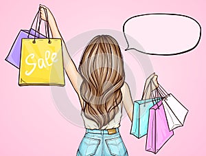 Pop art girl holding shopping bags