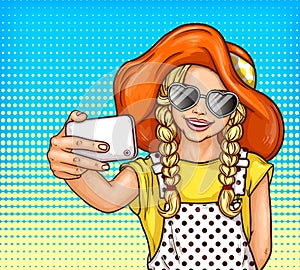 Vector pop art little girl in sunglasses and vintage hat makes selfie