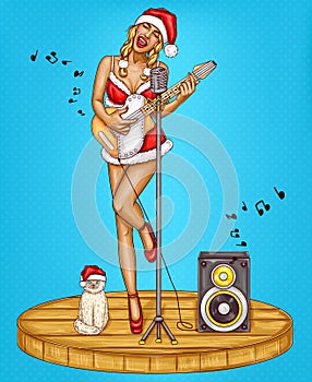 Vector pop art pin up christmas girl in santa s costume singing song with microphone, electric guitar, cat in xmas cap.