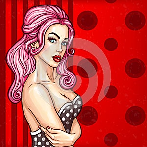 Vector pop art pin up illustration of a girl in a seductive dress somewhere invites