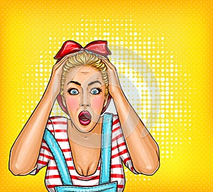 Vector pop art pin up shocked, surprised blonde girl with opened mouth. Sale illustration, discount, advertising poster
