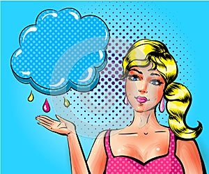 Vector pop art sad woman showing cloud with raindrops