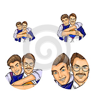 Vector pop art social network user avatars of gay men couple embracing and unbutton shirt. Retro sketch profile icons