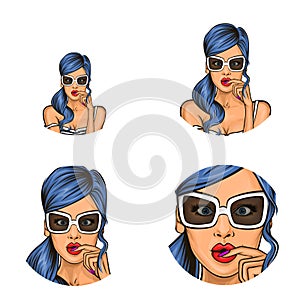 Vector pop art social network user avatars of woman girl surprised with blue hair in sunglasses. Retro sketch profile
