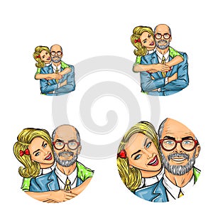 Vector pop art social network user avatars of young blonde girl embracing adult bald man. Retro sketch profile icons