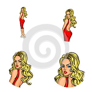 Vector pop art social network user avatars of young blonde girl in red dress turned back head. Retro sketch profile