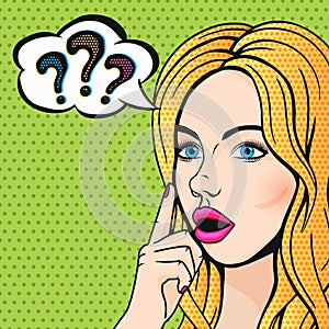 Vector pop art stupid woman face with question marks. Blonde thinking woman with open mouth comics style illustration photo