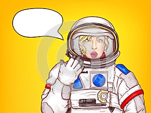 Vector pop art surprised astronaut woman speaks
