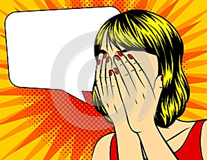 Vector pop art surprised woman face with closed face by hands.