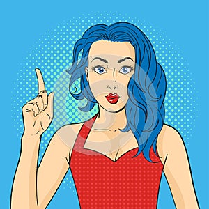 Vector pop art surprised woman face. Hand with finger pointing up