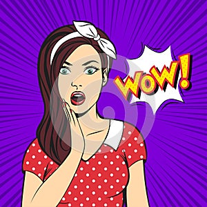 Vector pop art surprised woman face with open mouth