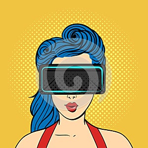 Vector pop art surprised woman wearing virtual reality glasses.