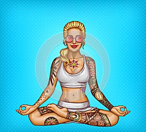 Vector pop art tattooed girl doing yoga