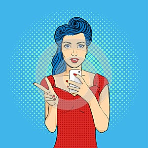 Vector pop art woman face with open mouth holding a phone