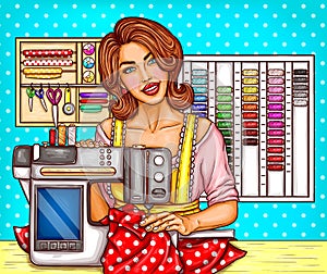 Vector pop art woman tailor sews on a modern sewing-machine with display. Seamstress, dressmaker, atelier illustration.