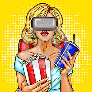 Vector pop art woman watching movie with virtual reality glasses.