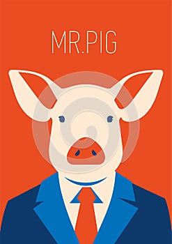 Vector portait of a pig in suit and tie. businessman character