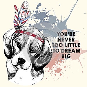 Vector portrait of beagle dog, wearing feather headpiece. Hand drawn pet dog illustration. Isolated on rose background.