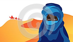 Vector portrait of beautiful woman wearing blue tuareg scarf. Young girl in national costume of african tribal nomads Sahara photo