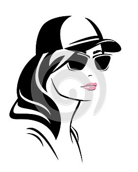 Vector portrait of beautiful woman wearing sunglasses and baseball cap
