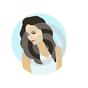 Vector portrait of beautiful young sad woman with long black hair wearing white dress