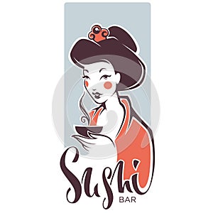 Vector portrait of beautyful geisha and lettering composition photo