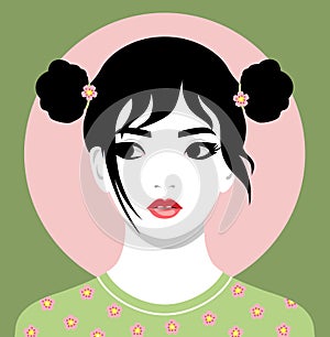 Vector portrait of cute fashionable Asian girl wearing space buns