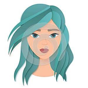 Vector portrait face of young beautiful woman with long green hair. Trendy paper layered cut art. Beauty fashion concept